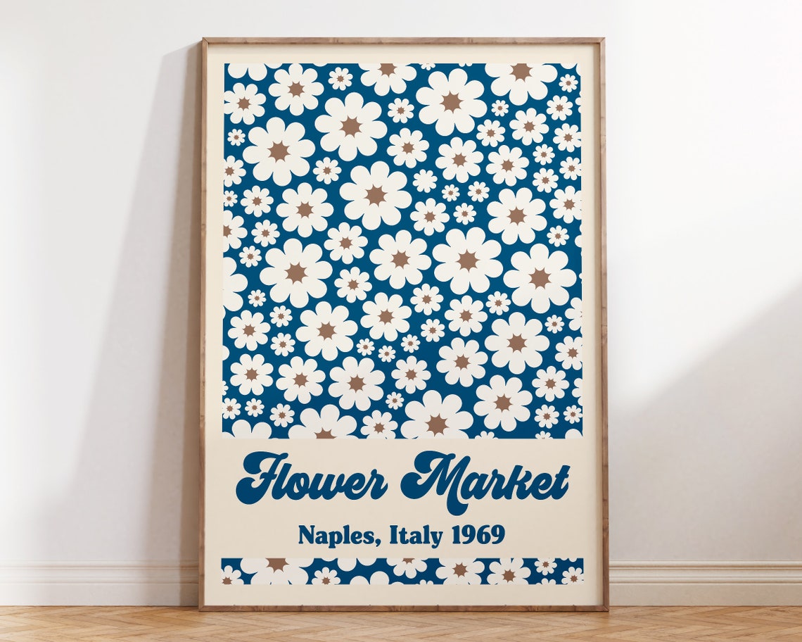 Naples Italy 1969 Flower Market Retro Blue Daisy Floral Poster