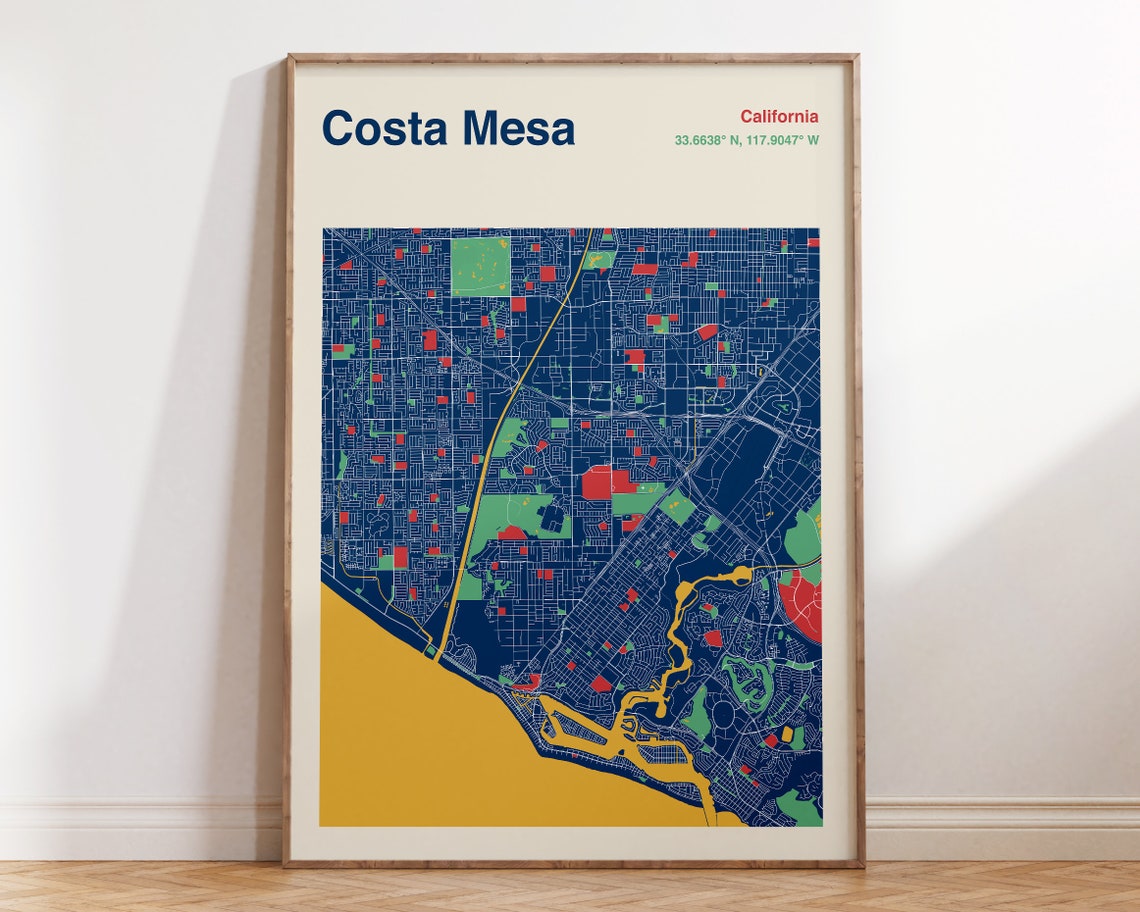 Costa Mesa California Navy Coastal City Map Poster Art Beach Decor