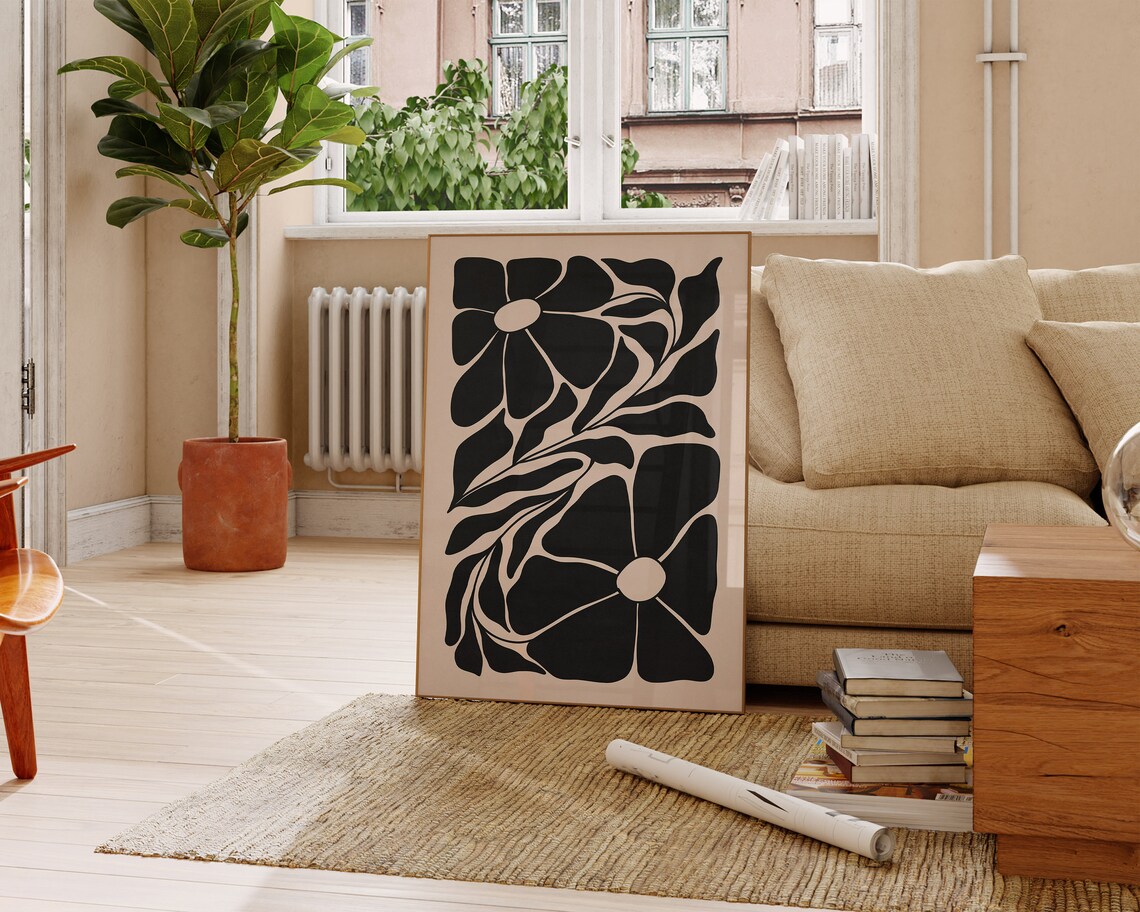 Black Floral Vines on Beige Bold Botanical Silhouette Poster