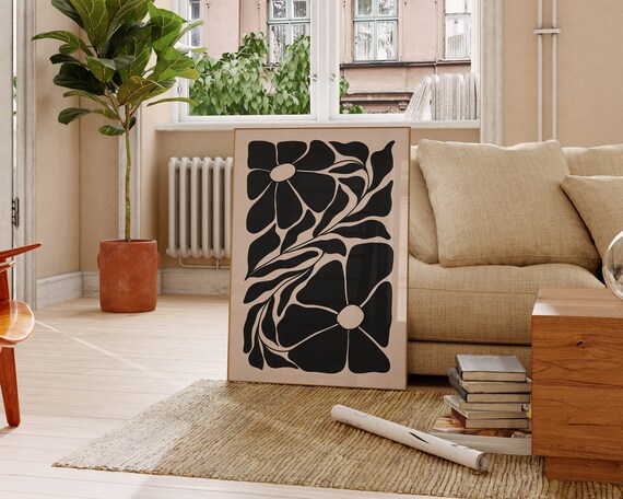 Black Floral Vines on Beige Bold Botanical Silhouette Poster