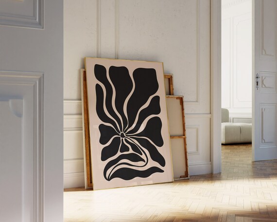 Black Organic Floral Burst on Beige Bold Abstract Botanical Art Poster