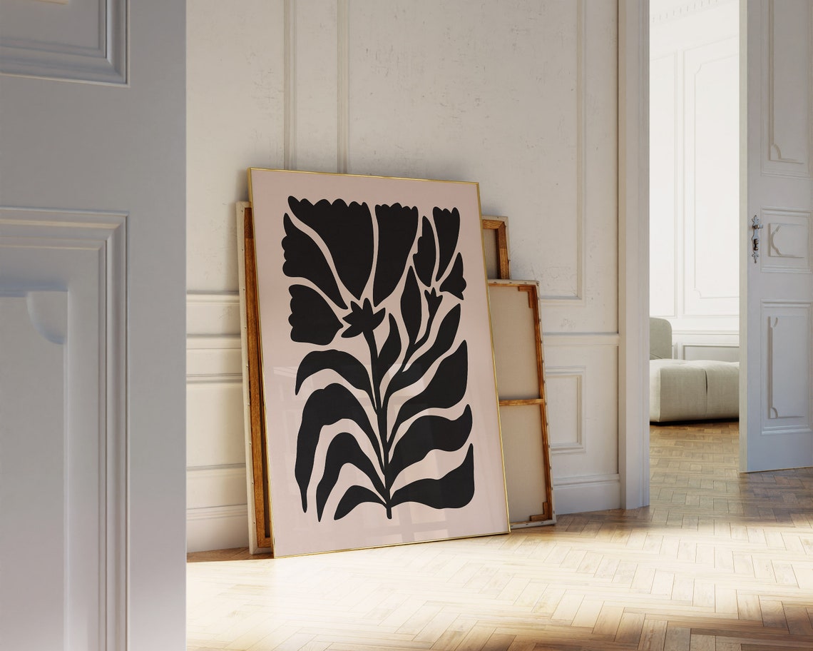 Moody Black Botanical Flower Silhouette Beige Neutral Art Poster - Image 2