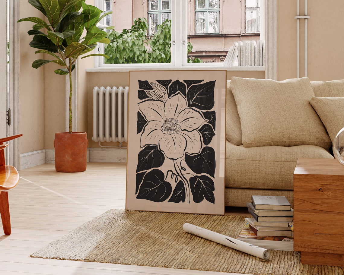 Cream Clematis Flower with Dark Leaves Monochrome Botanical Poster - Image 2