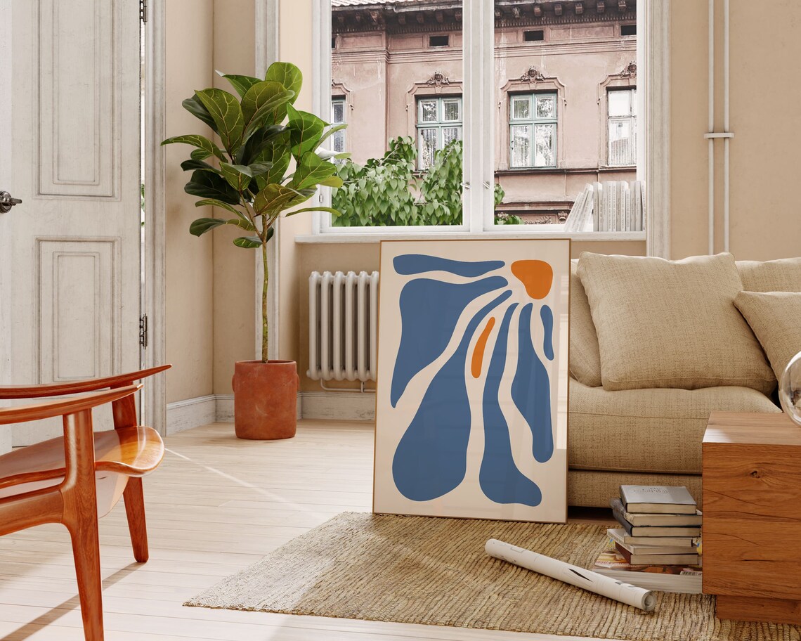 Matisse-Inspired Blue Wavy Leaves Boho Art Print - Image 2