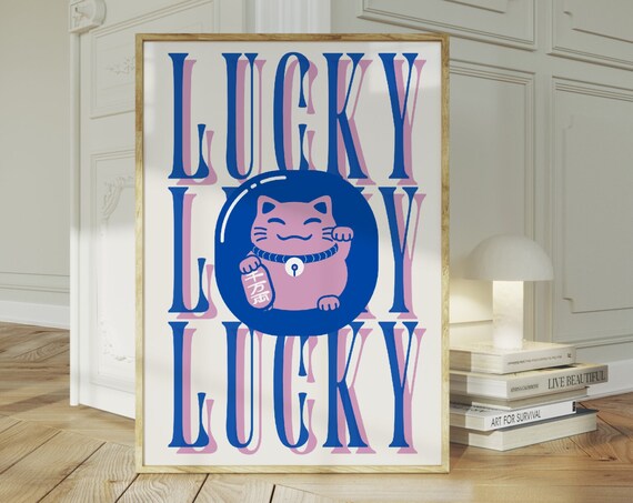 Lucky Cat Maneki Neko Bold Typography Japanese Fortune Art Print