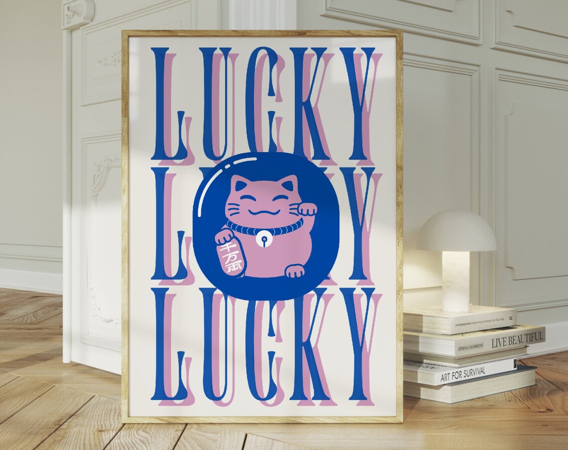 Lucky Cat Maneki Neko Bold Typography Japanese Fortune Art Print