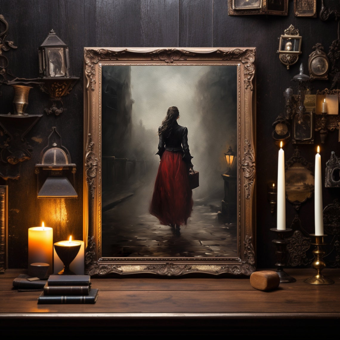 Sp144 Dark Academia Traveling Woman Vintage Moody Wall Art French Country Victorian Wall Art Victorian Portrait Dark Satin Print - Image 2