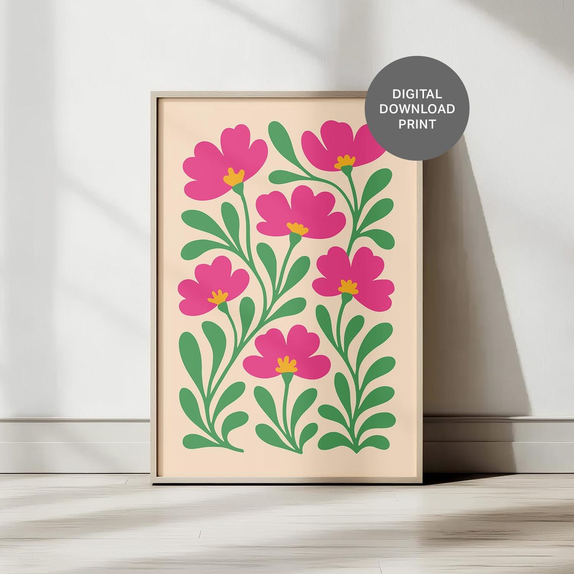 Sweet Pink Folk Art Flowers on Soft Cream Botanical Delight Poster
