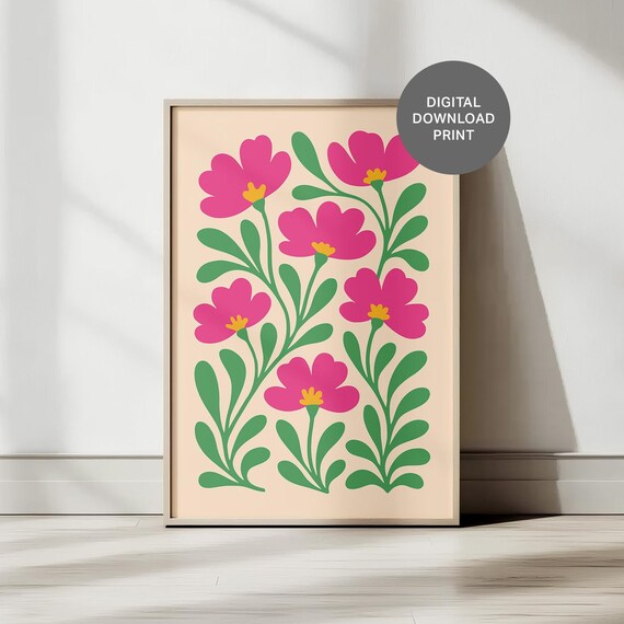 Sweet Pink Folk Art Flowers on Soft Cream Botanical Delight Poster