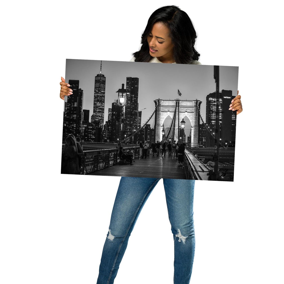 Brooklyn Bridge Night Black And White NYC Skyline Photo Poster