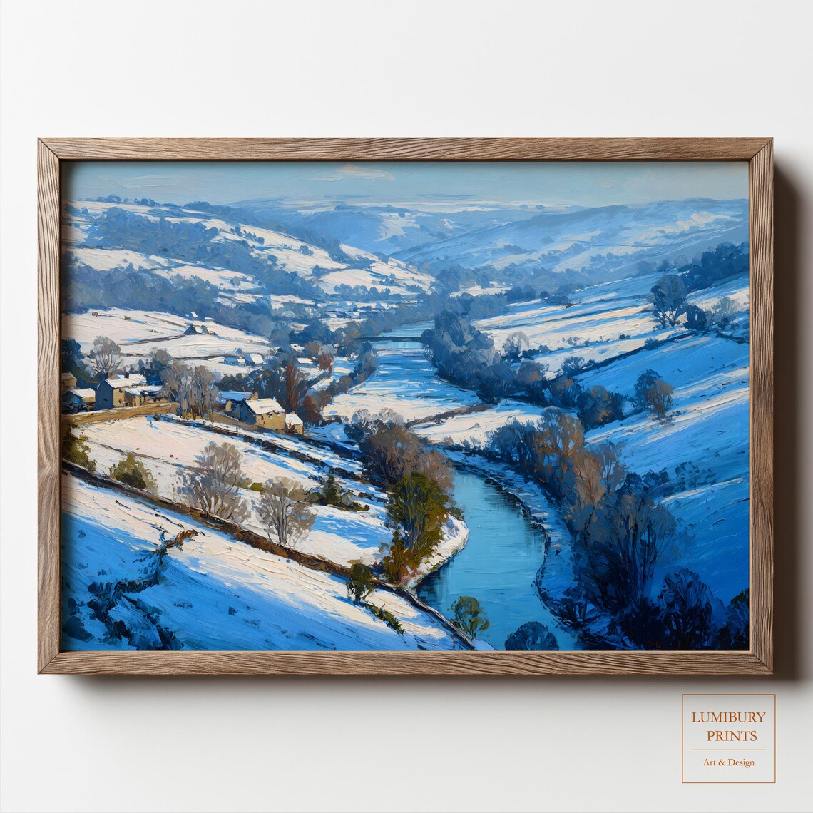 Snowy Winter River Village Golden Light Landscape Oil Painting Wall Art