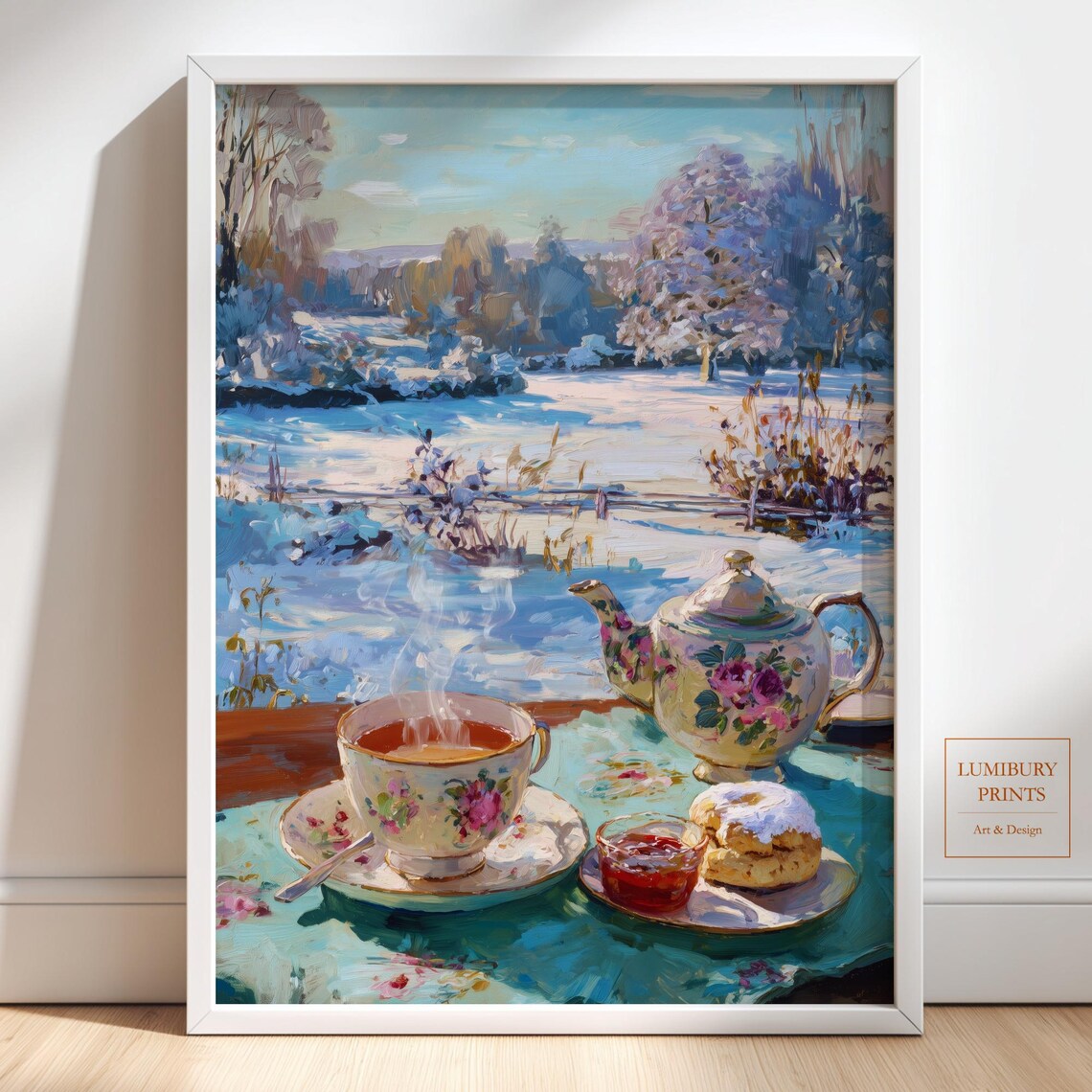 Winter Afternoon Tea Floral Teapot Snowy Landscape Cozy Art Print