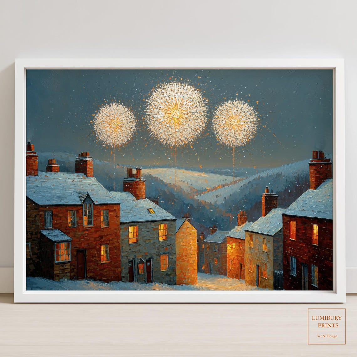 Snowy Village Wall Art New Year Painting Winter Landscape Print Firework Instant