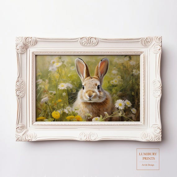 Vintage Golden Bunny Oil Painting Rustic Easter Rabbit Print Farmhouse Wall Decor