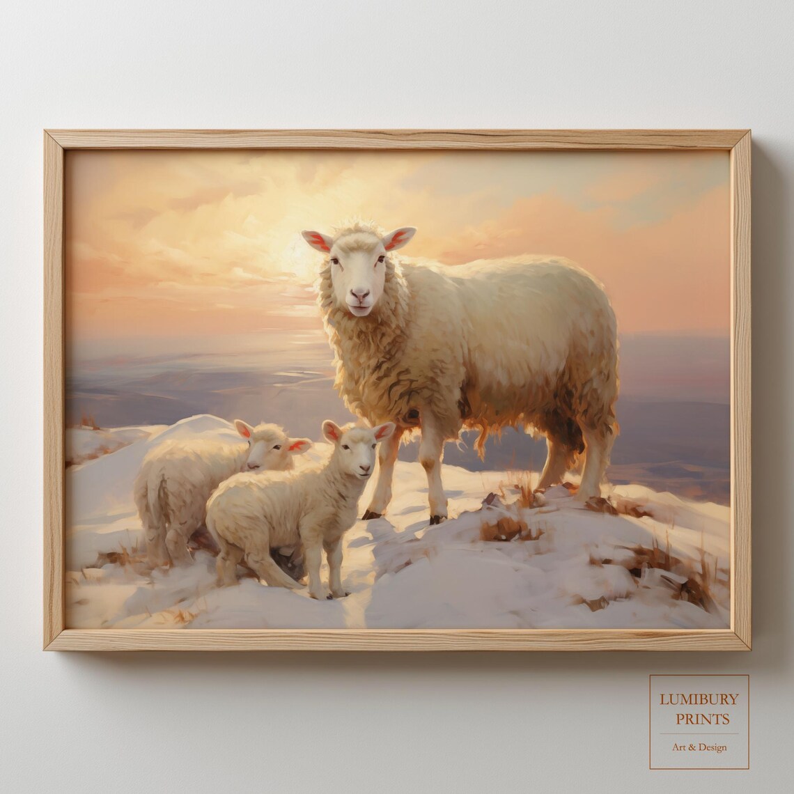 Sheep Ewe and Lambs in Snow Winter Sunset Oil Painting Style Poster Art