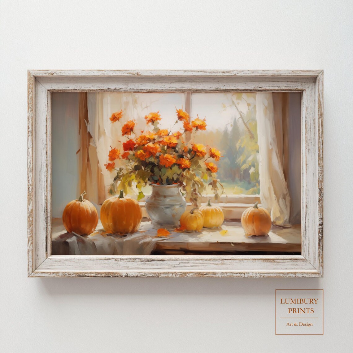 Fall Pumpkins and Marigold Flowers Windowsill Oil Painting Poster