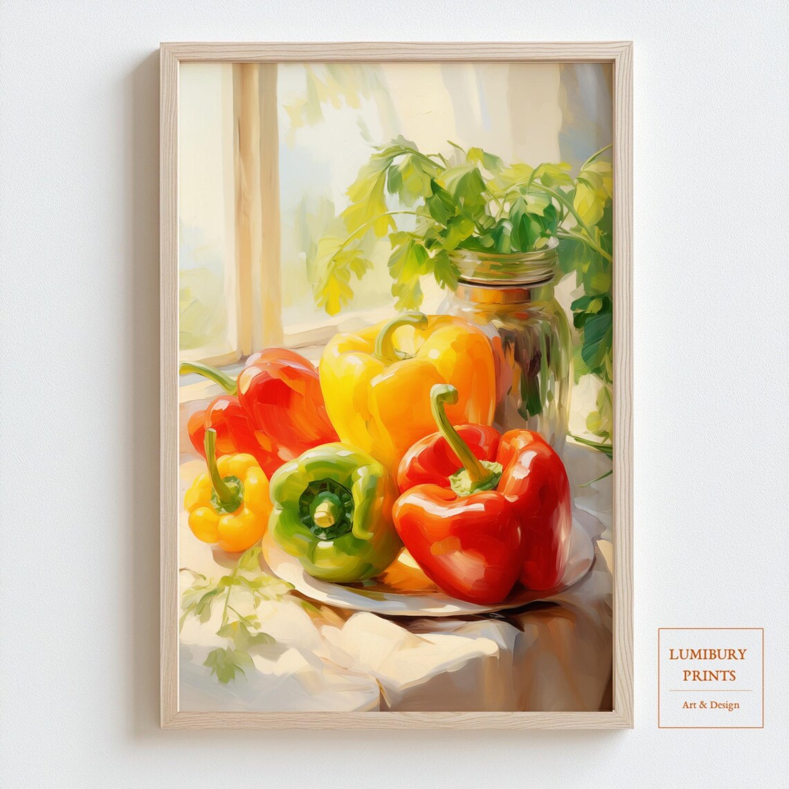 Colorful Bell Peppers Plate Sunlit Oil Painting Kitchen Wall Art