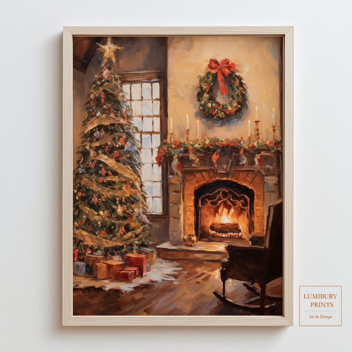 Christmas Tree by the Fireplace Cozy Vintage Holiday Art Poster