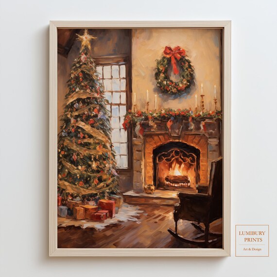 Christmas Tree by the Fireplace Cozy Vintage Holiday Art Poster