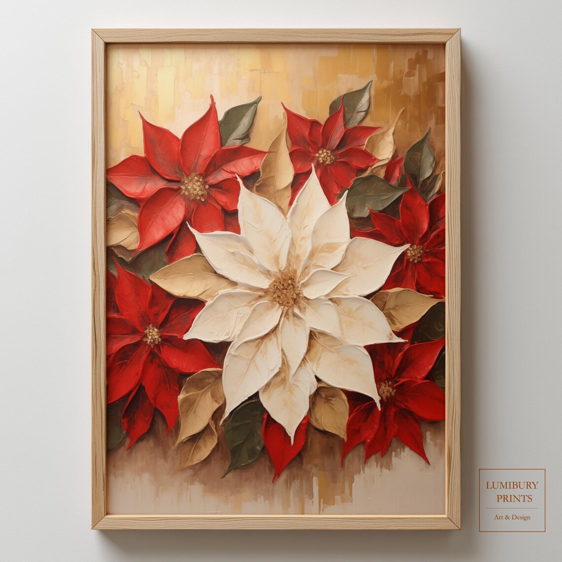 White Poinsettia with Red Flowers Golden Impasto Christmas Poster
