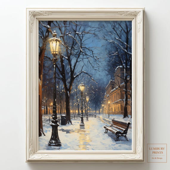 Winter Landscape Painting Park Vintage Decor Classic Architecture Instant