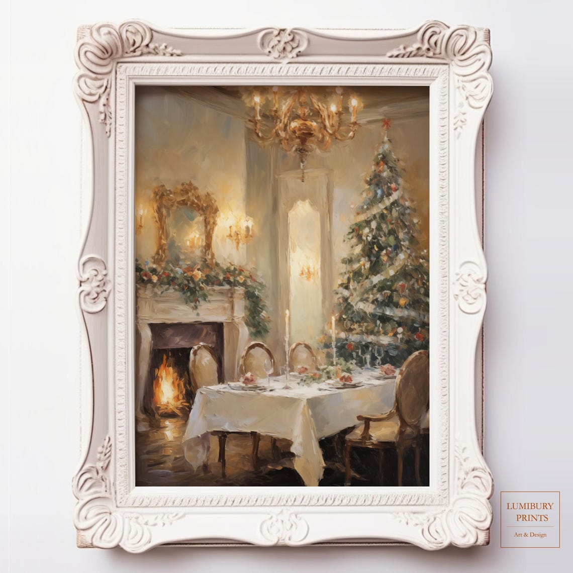 Christmas Dining Room With Tree And Fireplace Elegant Vintage Poster