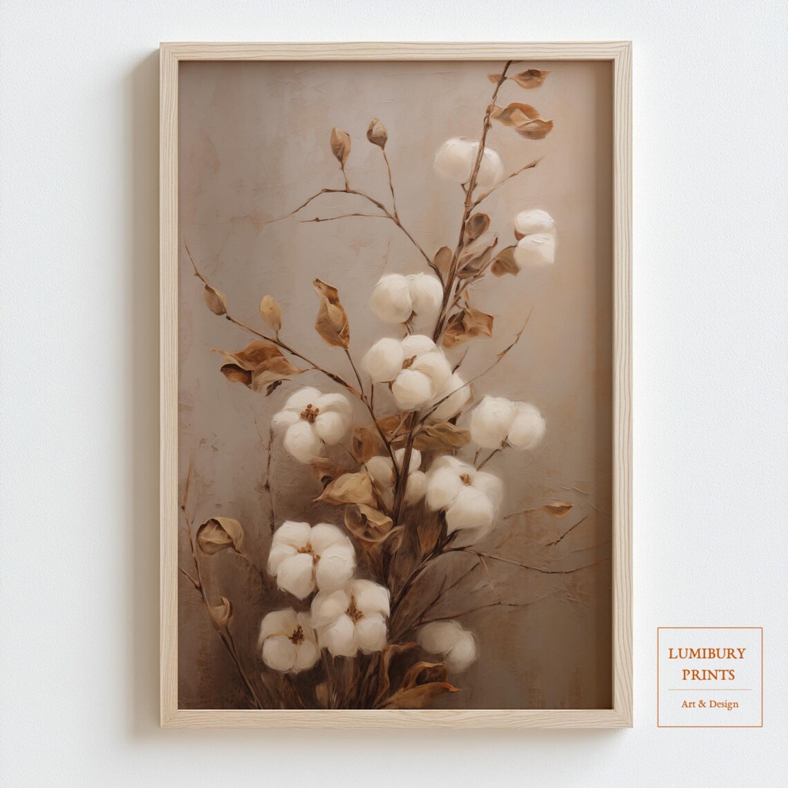 Cotton Branches on Warm Brown Moody Botanical Oil Painting Poster