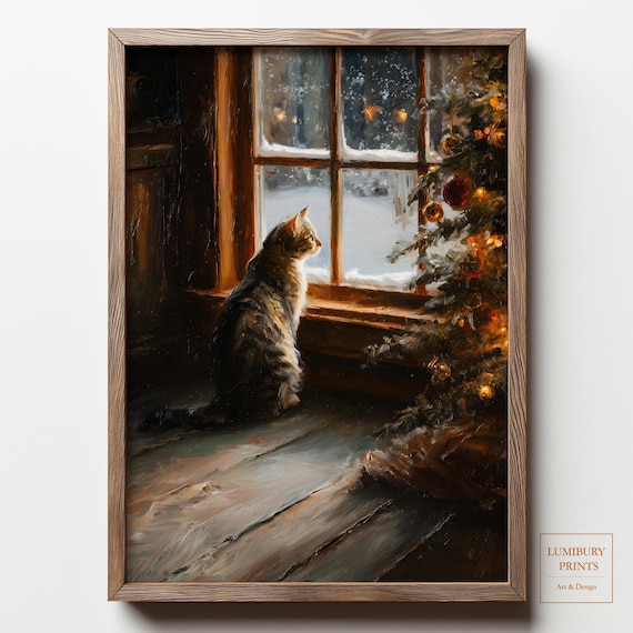 Christmas Cat Art Print, Holiday Winter Decor