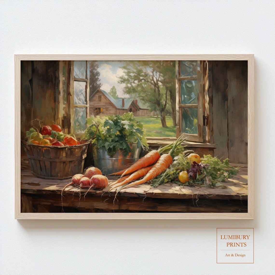 Farmhouse Vegetable Harvest Carrots Radishes Window Painting Poster