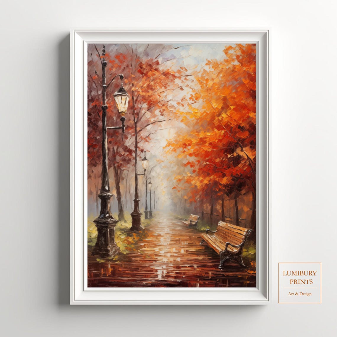 Rustic Fall Wall Decor Park Scene Illustration Foliage Art Autumn Landscape Cozy Instant