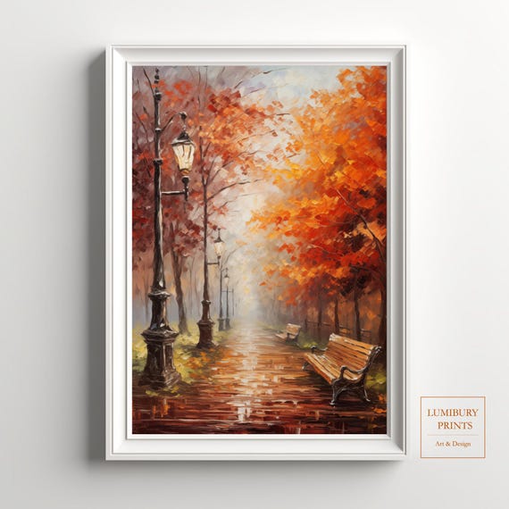 Rustic Fall Wall Decor Park Scene Illustration Foliage Art Autumn Landscape Cozy Instant
