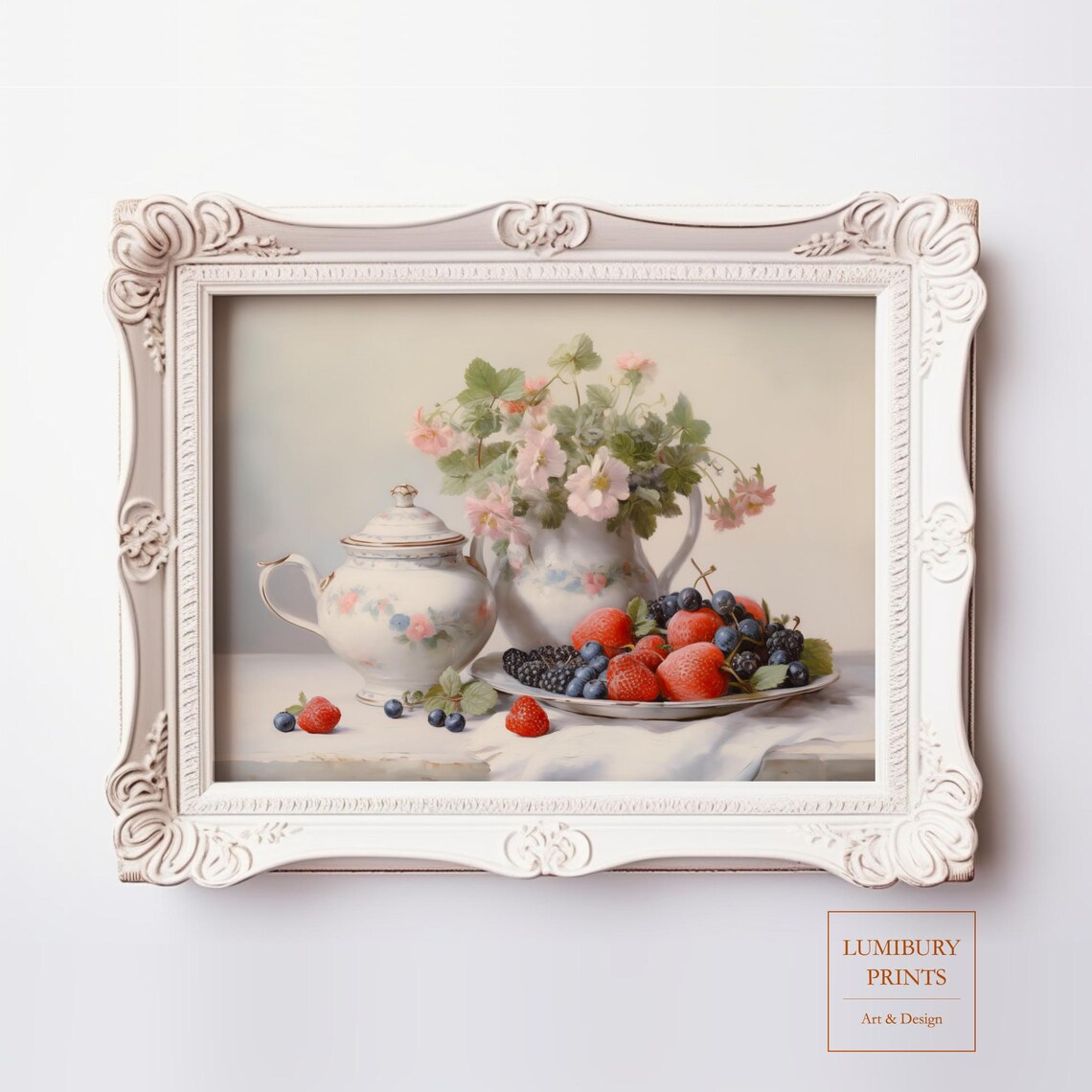 Floral Berry Teapot Vintage Kitchen Art Print