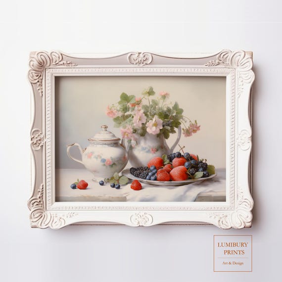 Floral Berry Teapot Vintage Kitchen Art Print