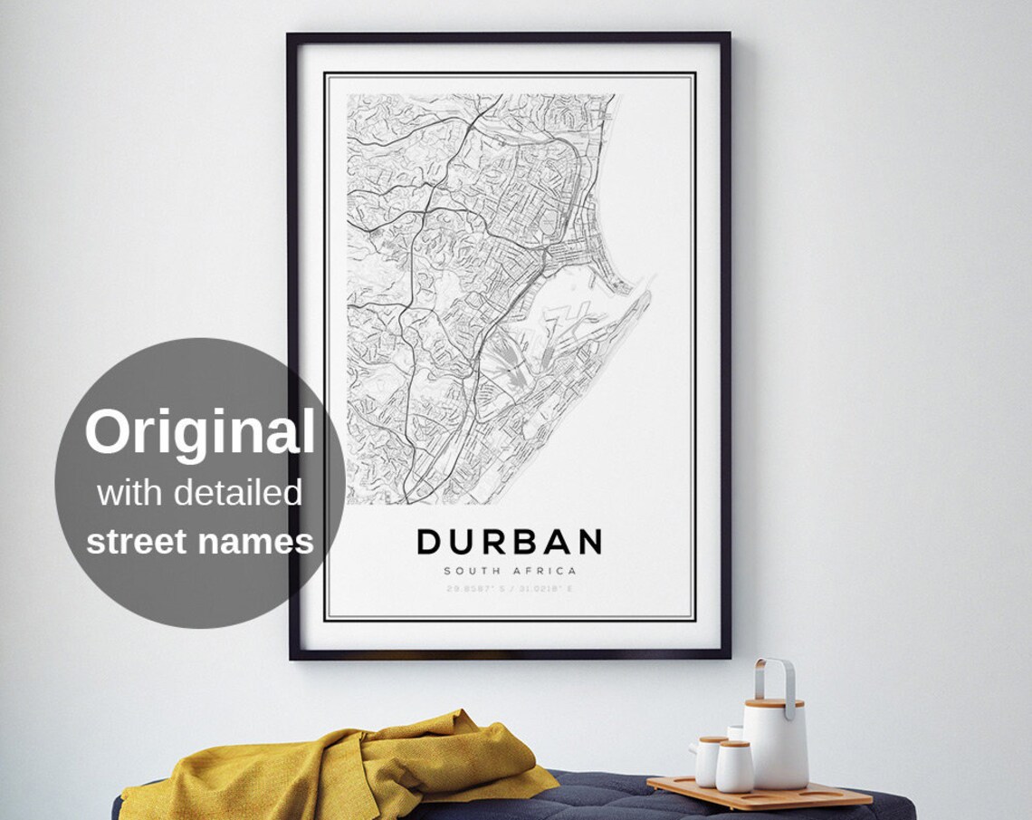 Durban South Africa Map, Minimalist Travel Poster