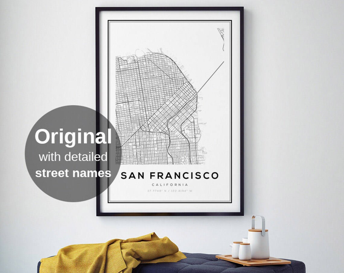 San Francisco City Map, Black White Minimalist Art Print