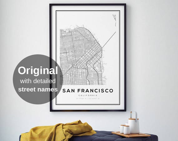 San Francisco City Map, Black White Minimalist Art Print