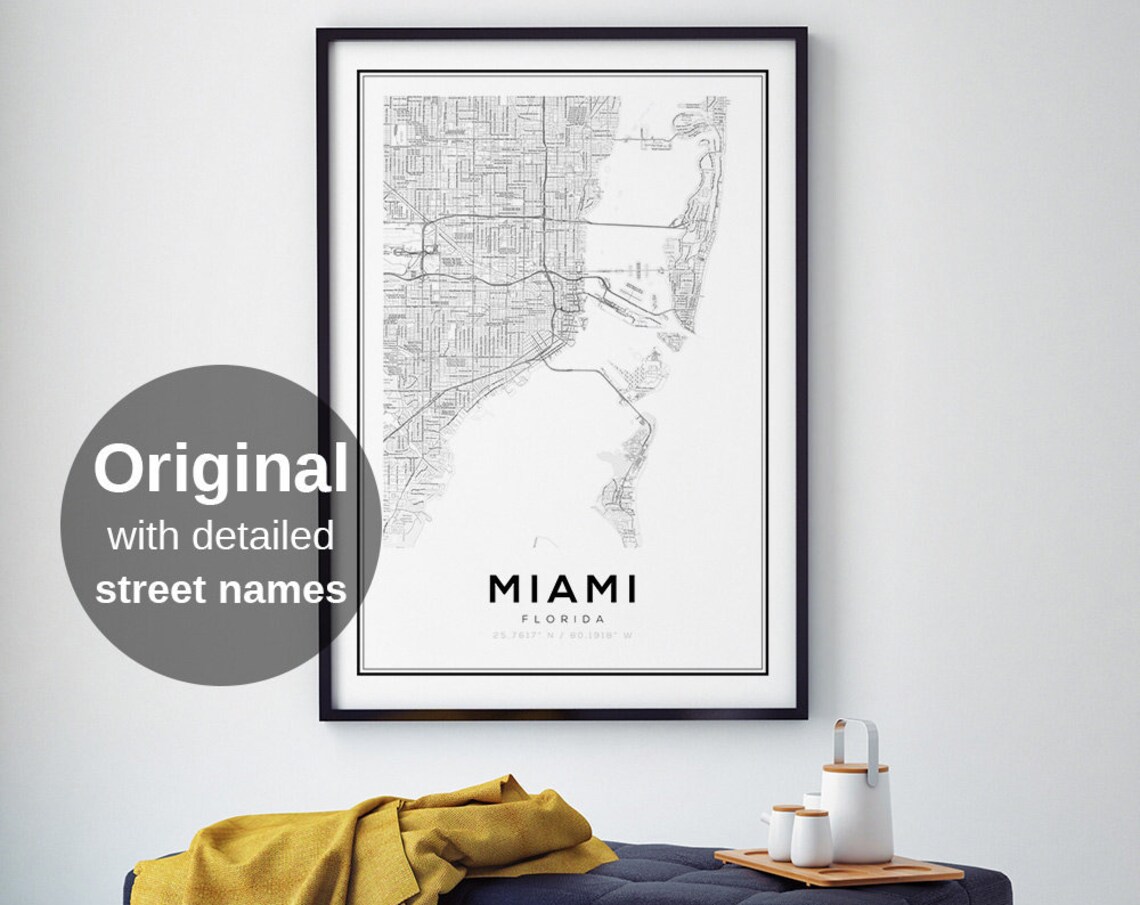 Miami City Map Black White Minimalist Travel Poster
