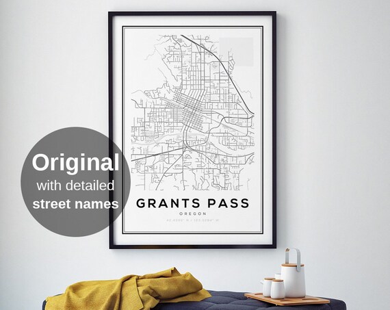 Grants Pass Map Print, Minimalist Oregon Travel Poster