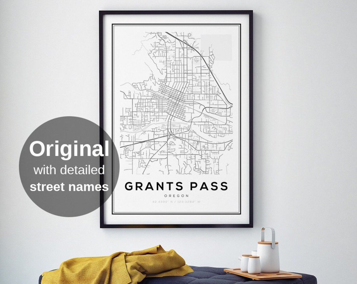 Grants Pass Map Print, Minimalist Oregon Travel Poster