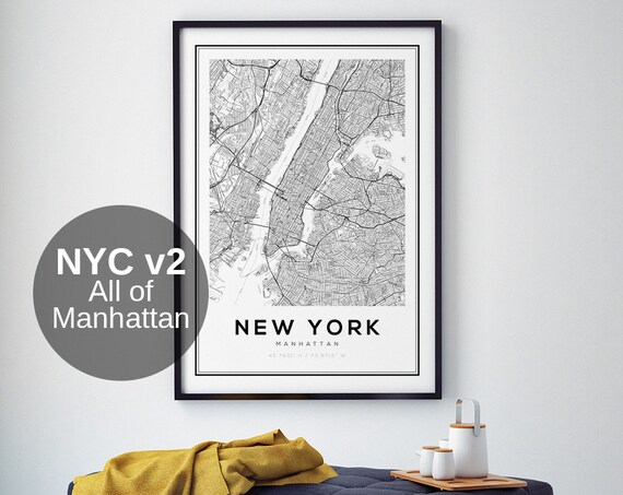 Manhattan Map Print, Black And White Minimalist