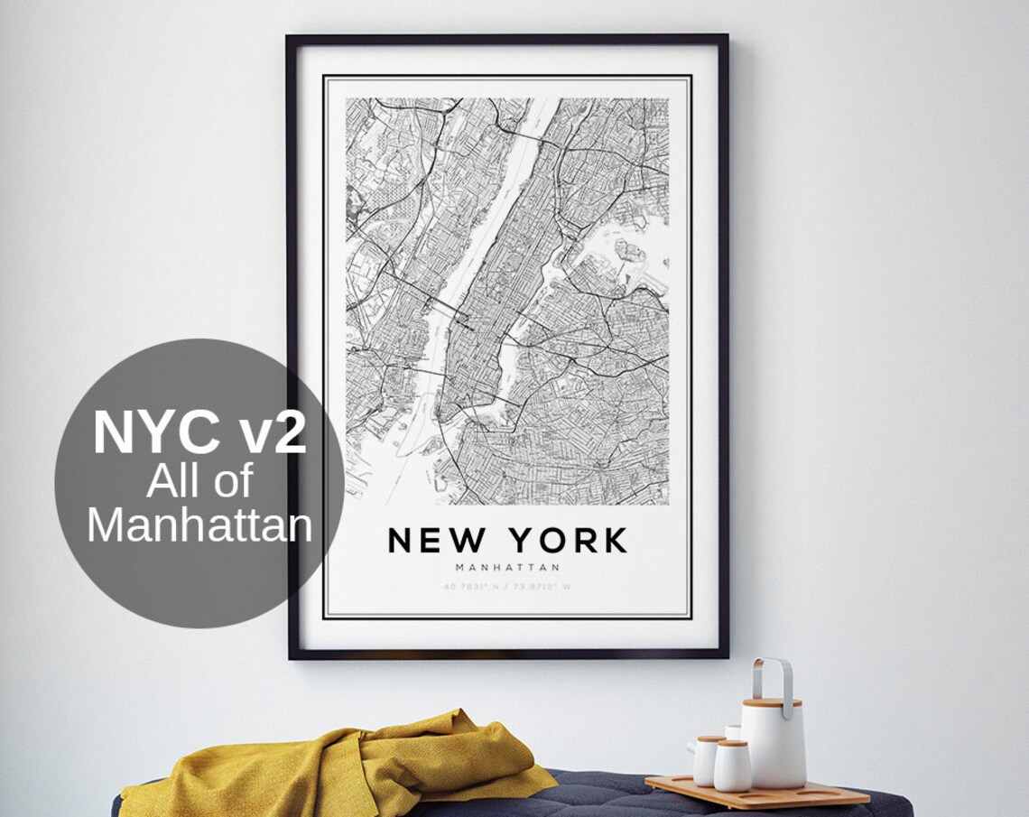 Manhattan Map Print, Black And White Minimalist