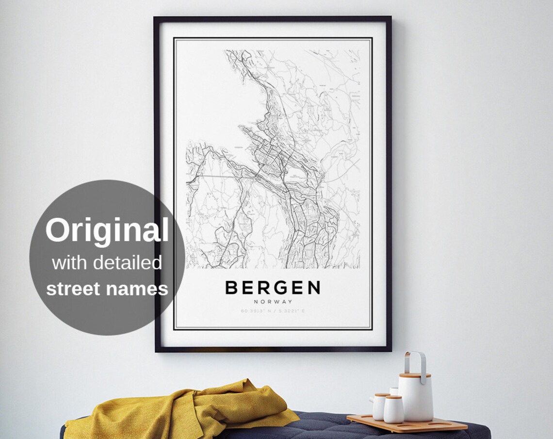 Bergen Norway Map Print, Minimalist Travel Poster