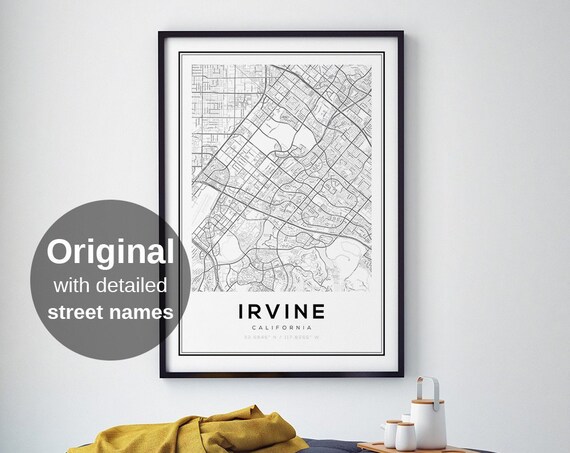 Irvine Print Detailed City Wall Art Minimalist Suburban Usa Travel Poster Black White Local Gift