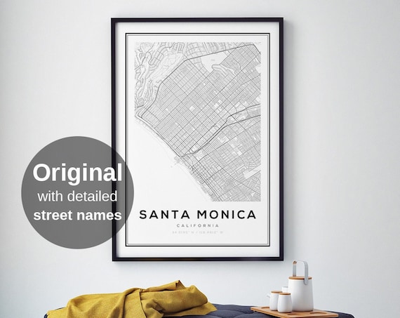 Santa Monica California Minimalist Black White City Map Poster