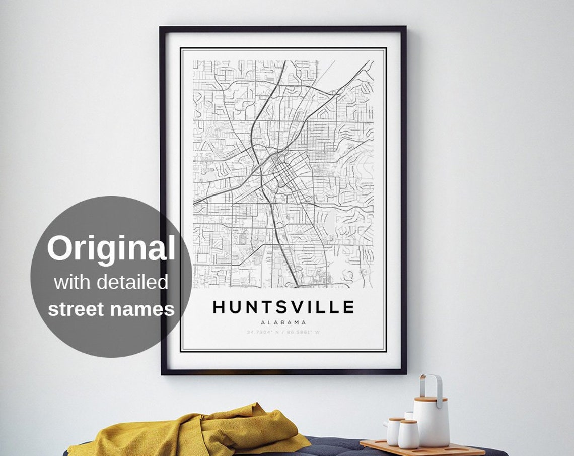Huntsville Alabama Map Art Print Detailed City Street Wall Poster Minimalist Usa Travel Decor
