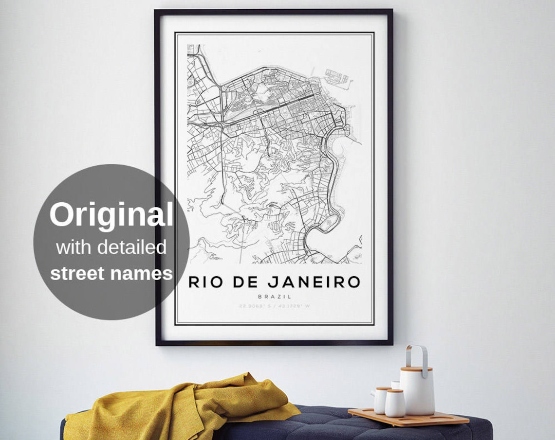 Rio De Janeiro Map Print, Black And White Travel Poster
