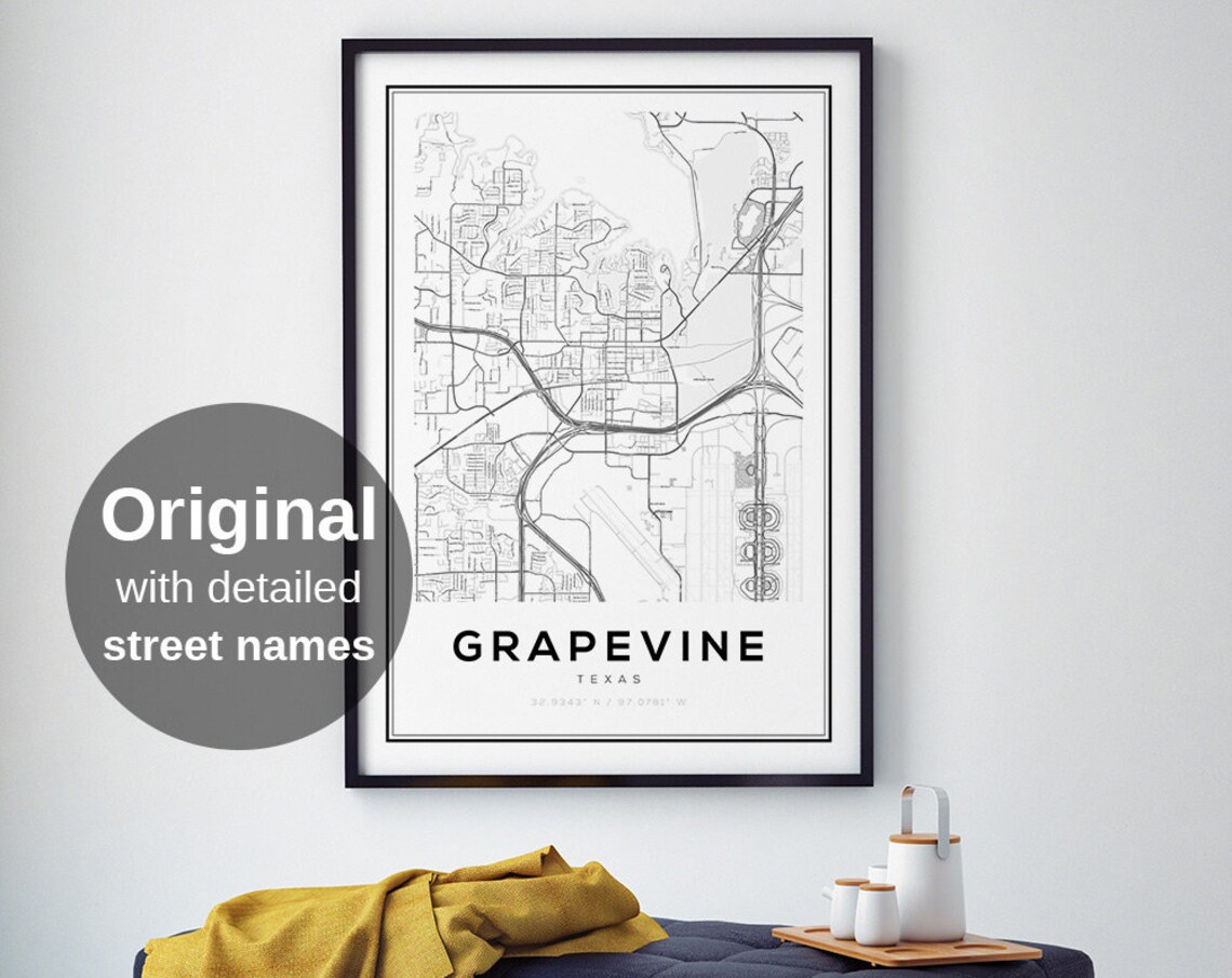 Grapevine Map Print, Texas City Minimalist Travel Poster