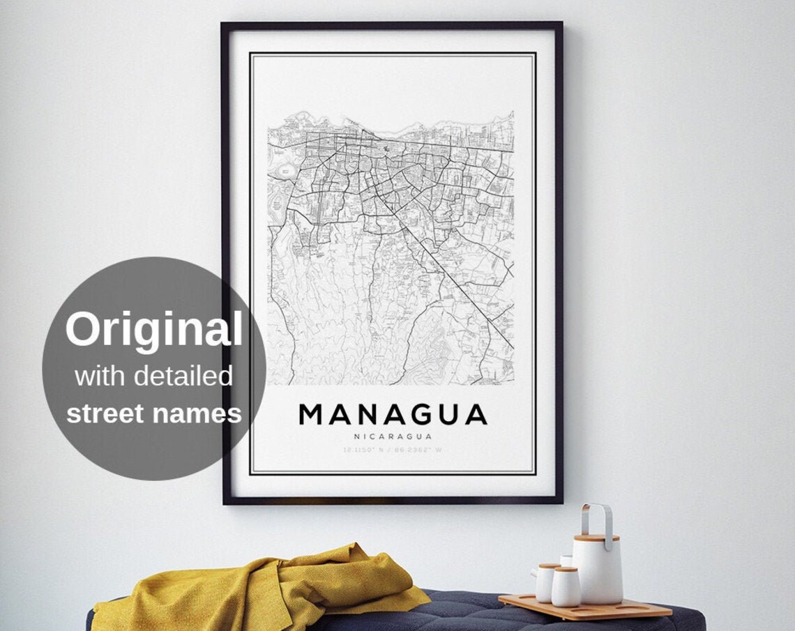 Managua Map Print, Minimalist Central Travel Poster