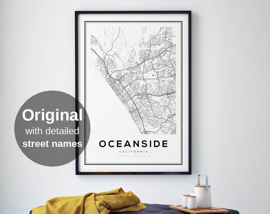 Oceanside Map Print, Minimalist Coastal Travel Poster