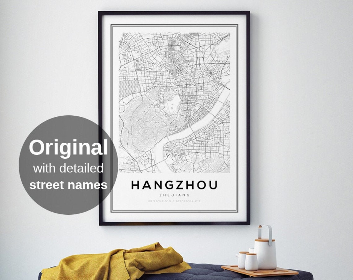 Hangzhou Map Print, Minimalist Asian Travel Poster